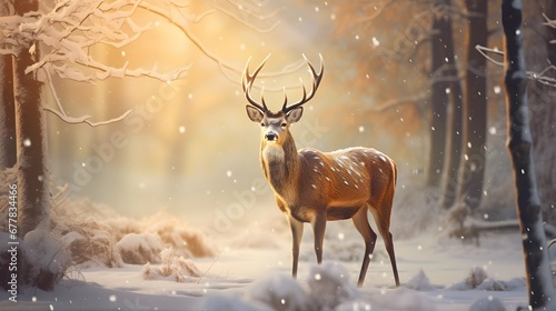 Deer in Winter Forest with Snowflakes. Generative Ai