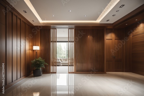 Elegant interior design of modern spacious entrance hall with door and wooden paneling walls © Marko