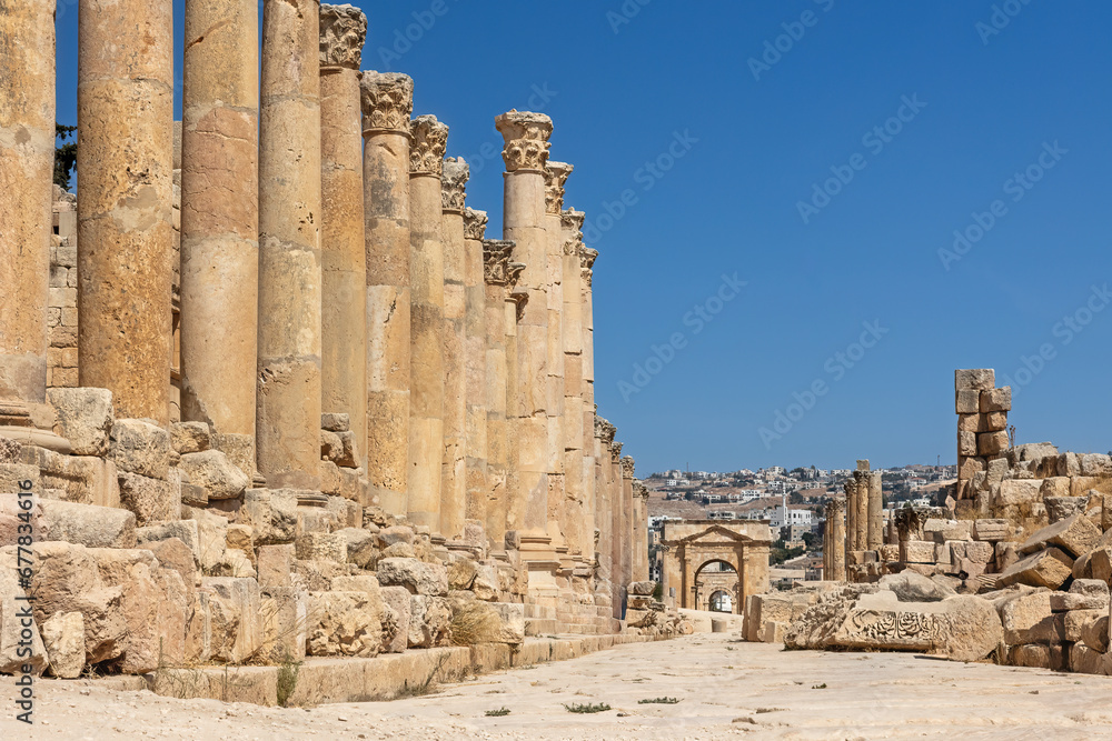 Closeup view of Cardo   colonnaded streets of Gerasa (Jerash). Jordan. Horizontally. 