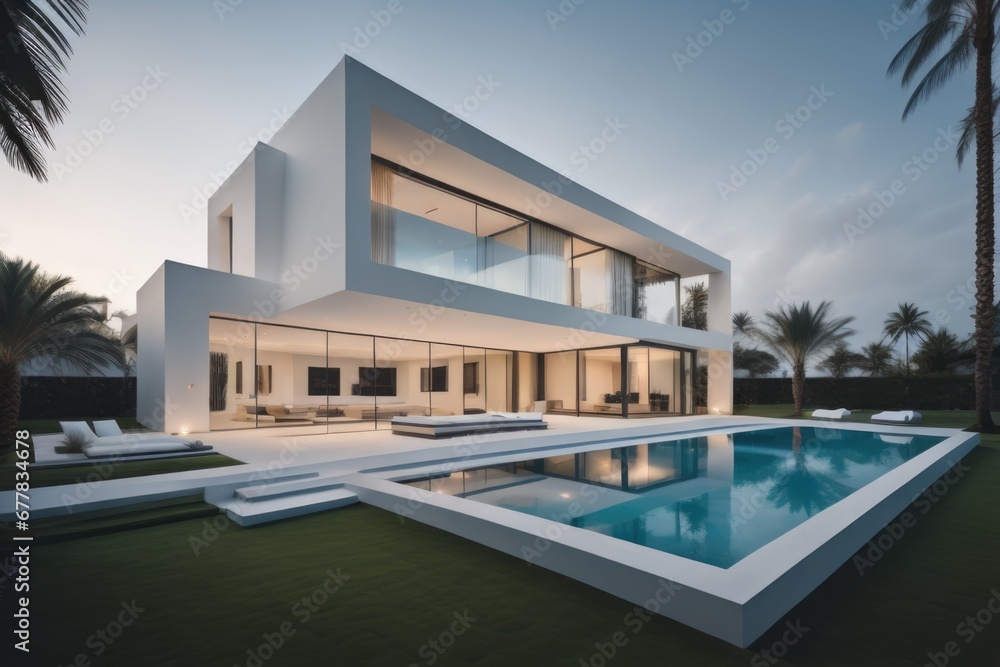 Fototapeta premium Exterior of modern minimalist cubic villa with swimming pool at sunset