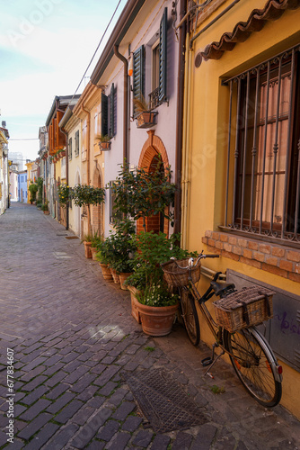 Picturesque mediterranean italian alley in rimini. colorful houses in the town 