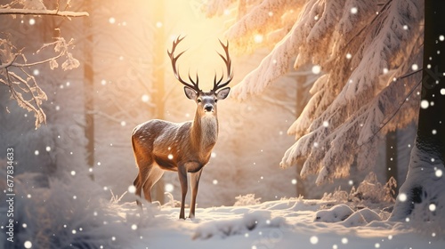 Deer in Winter Forest with Snowflakes. Generative Ai © country