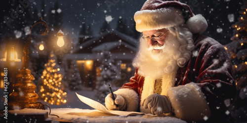 Santa Claus writes a letter against a beautiful snowy Christmas background. Beautiful magical Christmas atmosphere. Happy New Year and Merry Christmas
