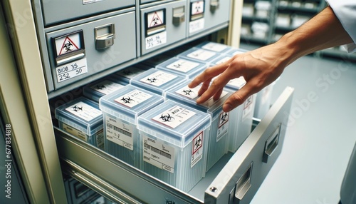 A close-up horizontal image of a worker's hand placing plastic storage boxes labeled with biomaterial information into a metal filing cabinet drawer photo