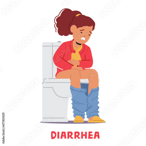 Unhappy Child Girl Character With Diarrhea Sits On The Toilet, Uncomfortable And Pale, Seeking Relief From A Stomach