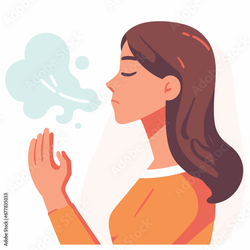 Woman doing inhale breath exercise for calm stress relief flat simple vector illustrations on white background