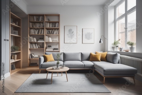 Grey sofa against window and book shelving unit. Scandinavian home interior design of modern living room © Marko