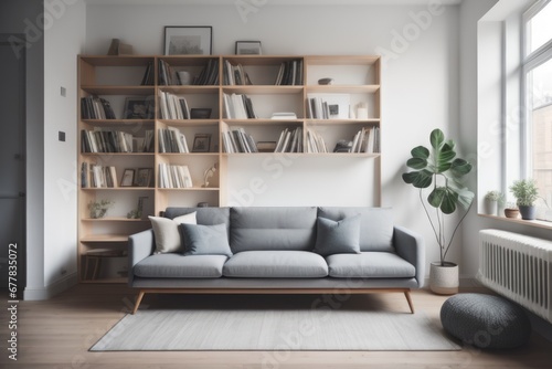 Grey sofa against window and book shelving unit. Scandinavian home interior design of modern living room © Marko