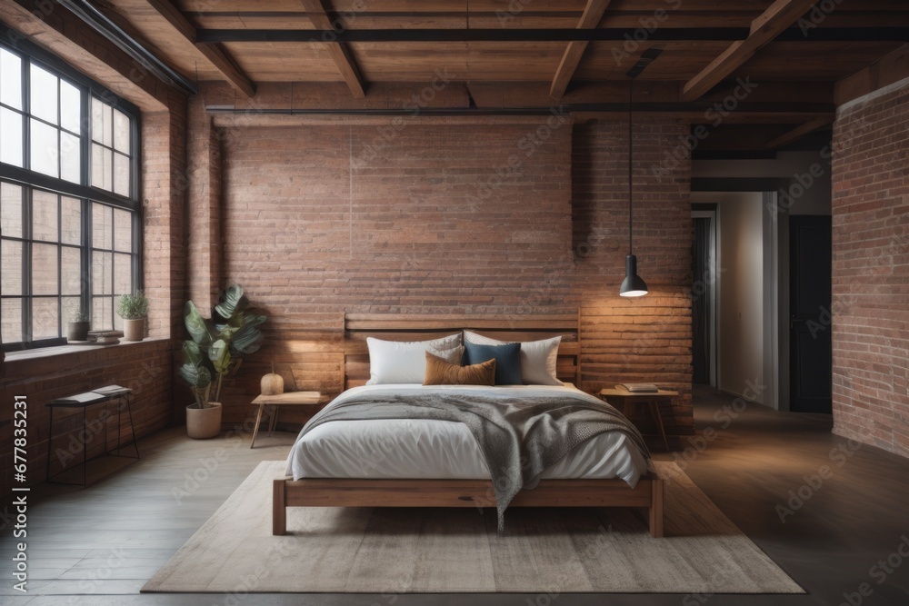 Industrial loft interior design of modern bedroom. Wooden bed near brick wall Industrial loft interior design of modern bedroom. Wooden bed near brick wall