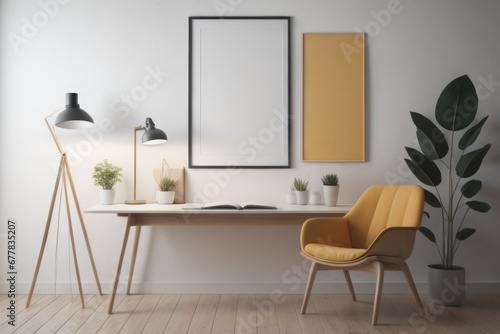 Home workplace, wooden chair and desk near white wall with blank mockup poster frame. Interior design of modern living room © Marko