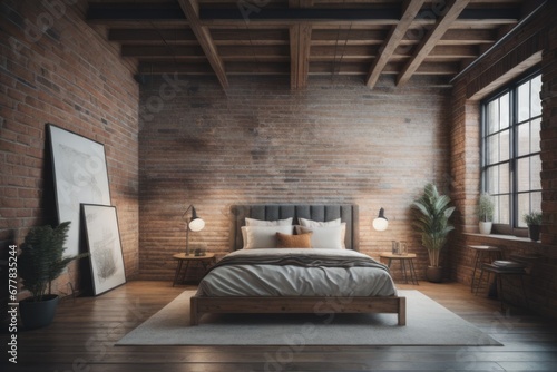 Industrial loft interior design of modern bedroom. Wooden bed near brick wall © Marko
