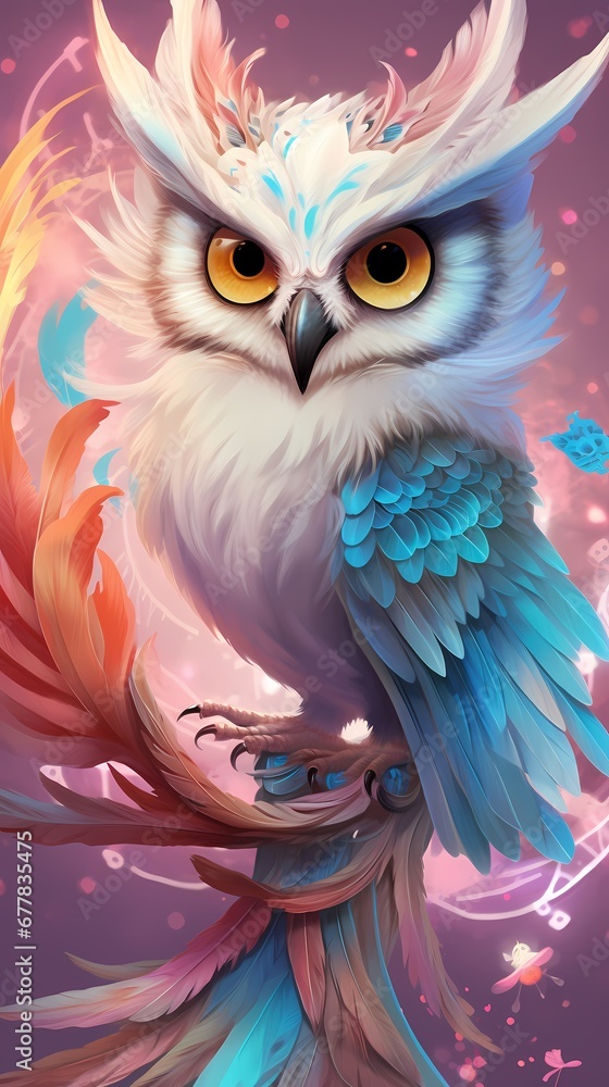 Cute and adorable fantasy owl, Bird-of-Paradise, sparrow, full body, shiny metallic jeweled depth, glowing smoke neon eyes, hoarfrost metal lace, fantasy, sunlight, sunbeam, intricate detail. 8k, drea