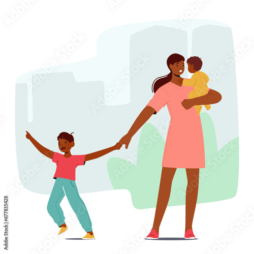 Weary Mother Character Carries Her Sleepy Baby on Hands and Holding Older Child on Bustling City Street