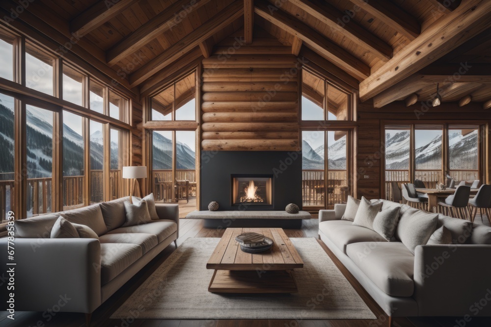 Luxury wooden chalet with fireplace. Interior design of modern living room with mountain view Luxury wooden chalet with fireplace. Interior design of modern living room with mountain view