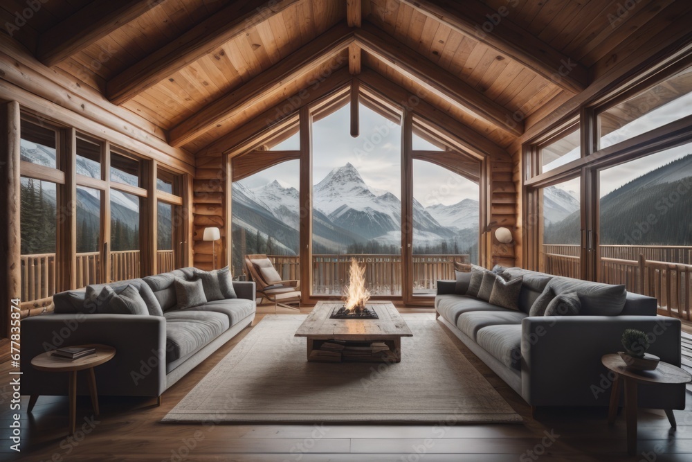 Luxury wooden chalet with fireplace. Interior design of modern living room with mountain view Luxury wooden chalet with fireplace. Interior design of modern living room with mountain view
