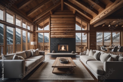 Luxury wooden chalet with fireplace. Interior design of modern living room with mountain view © Marko