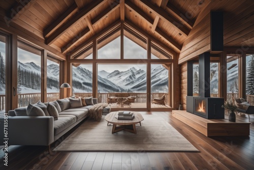 Luxury wooden chalet with fireplace. Interior design of modern living room with mountain view photo