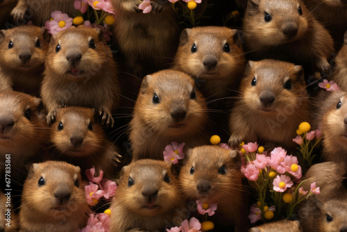 Realistic seamless pattern of groundhogs with spring flowers