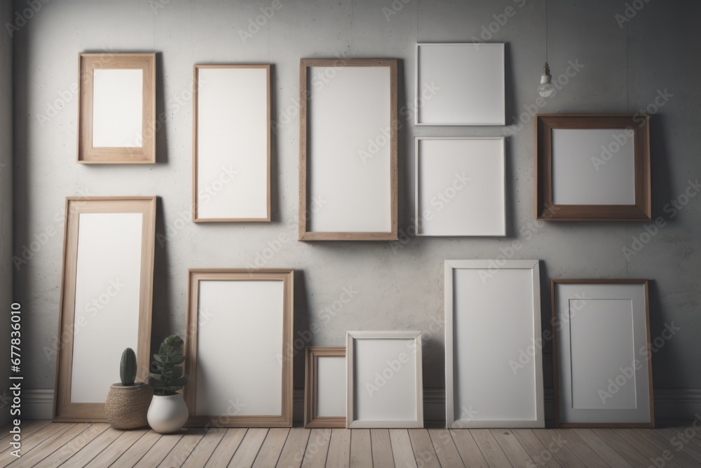 Many different wooden frames with blank canvas leaning against wall and vase with pampas grass Many different wooden frames with blank canvas leaning against wall and vase with pampas grass