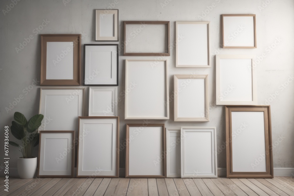Many different wooden frames with blank canvas leaning against wall and vase with pampas grass Many different wooden frames with blank canvas leaning against wall and vase with pampas grass