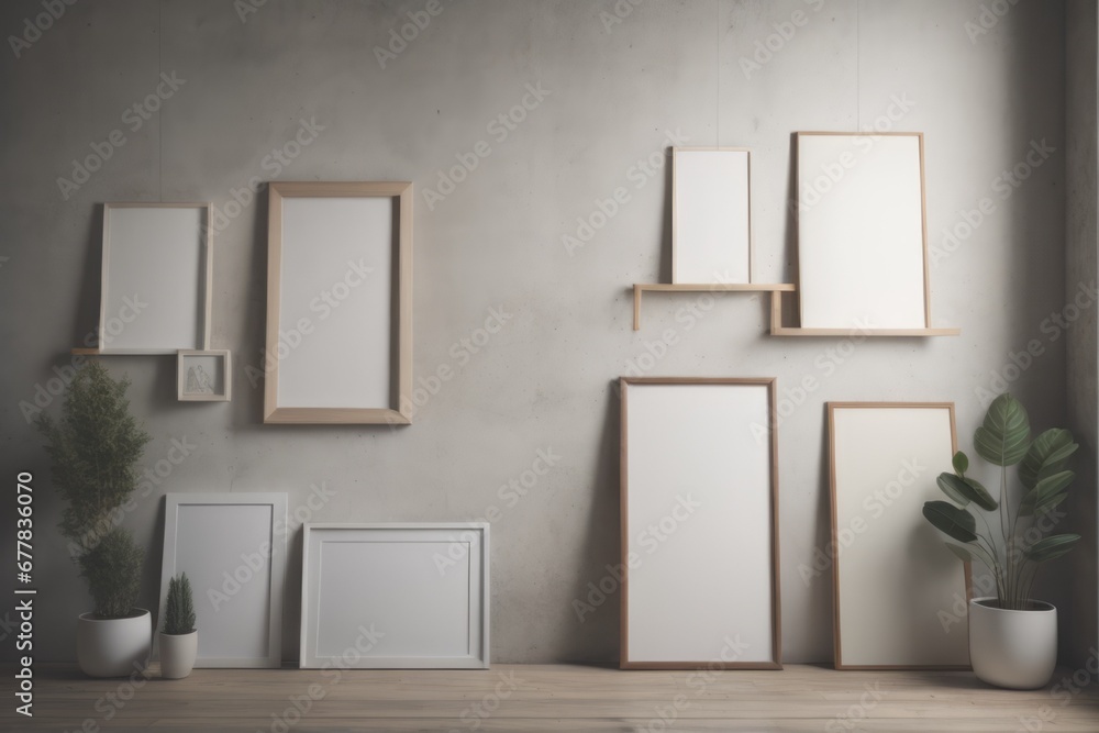 Many different wooden frames with blank canvas leaning against wall and vase with pampas grass Many different wooden frames with blank canvas leaning against wall and vase with pampas grass