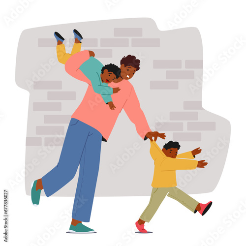 Weary Black Father Character Carries His Kid on Shoulder and Holding another One On A Bustling Street