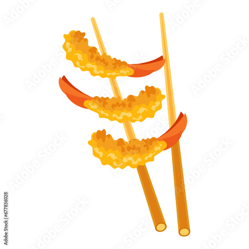 Japanese shrimp tempura, fried shrimp on oud sticks. Asian seafood. Illustration, vector