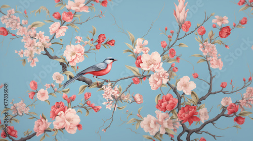 patrón inspirado en chinoiserie con tonos rosados ​​y fondo azul claro