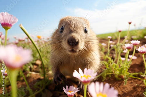 Baby groundhog in a prairie full of flowers on springtime