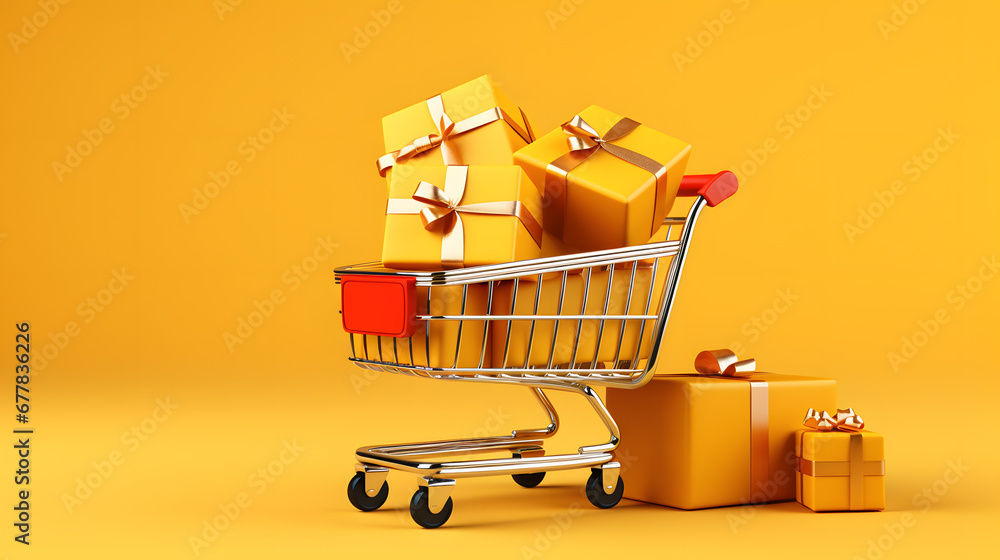 Small shopping cart full of gifts on yellow background. Online shopping, sale, discount concept