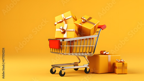 Small shopping cart full of gifts on yellow background. Online shopping, sale, discount concept