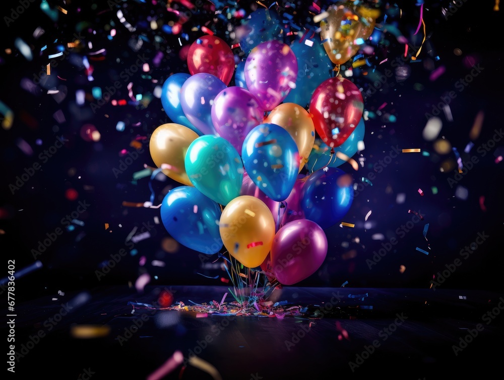 A bunch of balloons with confetti in the air. Generative AI. A bunch of balloons with confetti in the air. Generative AI.