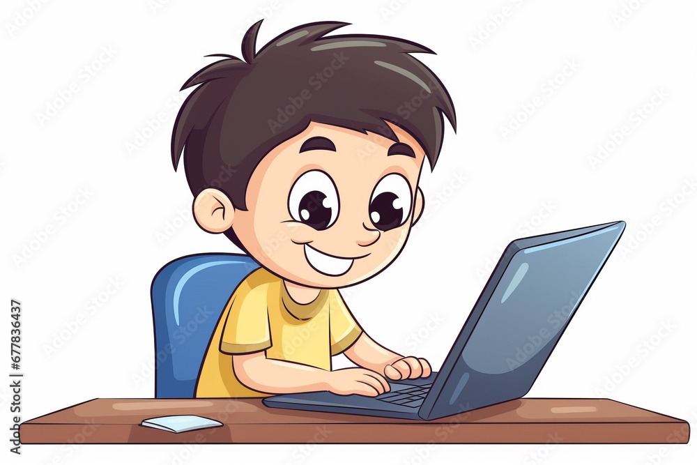 Little boy with laptop, cartoon. AI generative Little boy with laptop, cartoon. AI generative