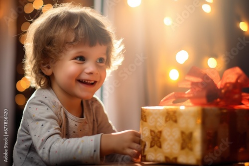 A little child smiles as she holds a present. Generative AI.