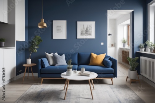 Navy blue sofa in studio apartment. Scandinavian home interior design of modern living room and kitchen