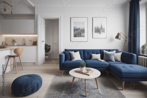 Navy blue sofa in studio apartment. Scandinavian home interior design of modern living room and kitchen