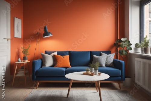 Navy blue sofa in studio apartment. Scandinavian home interior design of modern living room and kitchen