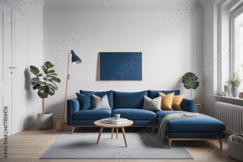 Navy blue sofa in studio apartment. Scandinavian home interior design of modern living room and kitchen photo