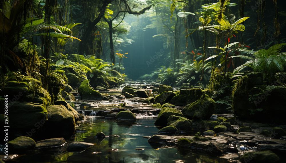 Tranquil scene of a mysterious tropical rainforest generated by AI