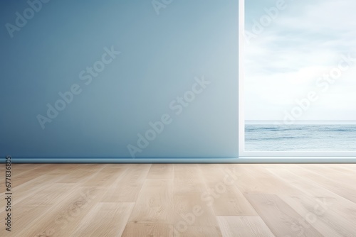 Empty room of a seaside house with pastel blue wall and oak floor. Interior  empty space and background for design. 