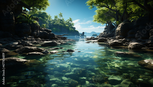 Tropical climate, blue wave, tranquil scene, green forest generated by AI