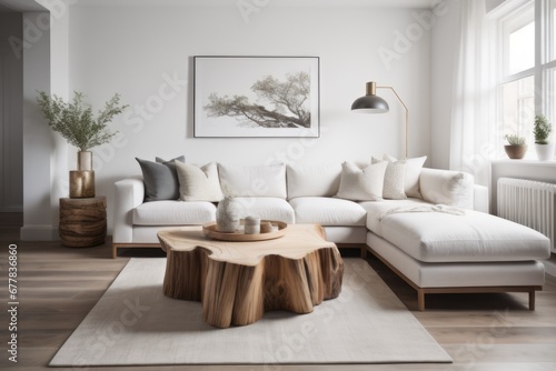 Rustic live edge tree stump accent coffee table near white corner sofa. Scandinavian home interior design of modern living room © Marko