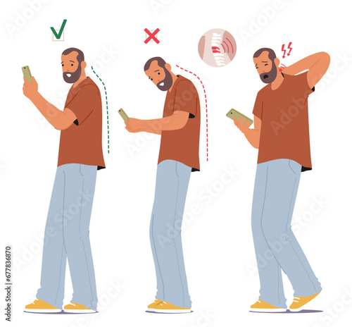 Male Character Perform Wrong Posture With Phone, Slouched, Neck Bent And Wrists Strained. Proper Posture