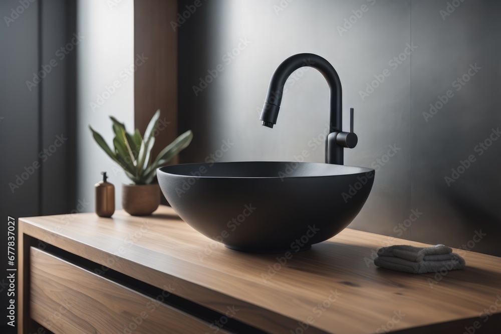 Stylish black vessel sink and faucet on wooden countertop. Interior design of modern bathroom - obrazy, fototapety, plakaty 