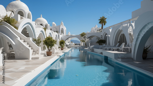 Wunderschöne weiße verträumte Gebäude als Hotel in traumhafter Architektur mit großer Swimmingpool Landschaft im Querformat für Banner, ai generativ