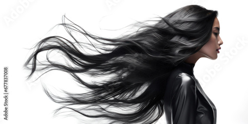 Stunning asian woman with long black hair. Glossy wavy beautiful hair photo