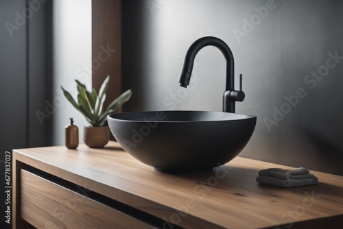Stylish black vessel sink and faucet on wooden countertop. Interior design of modern bathroom