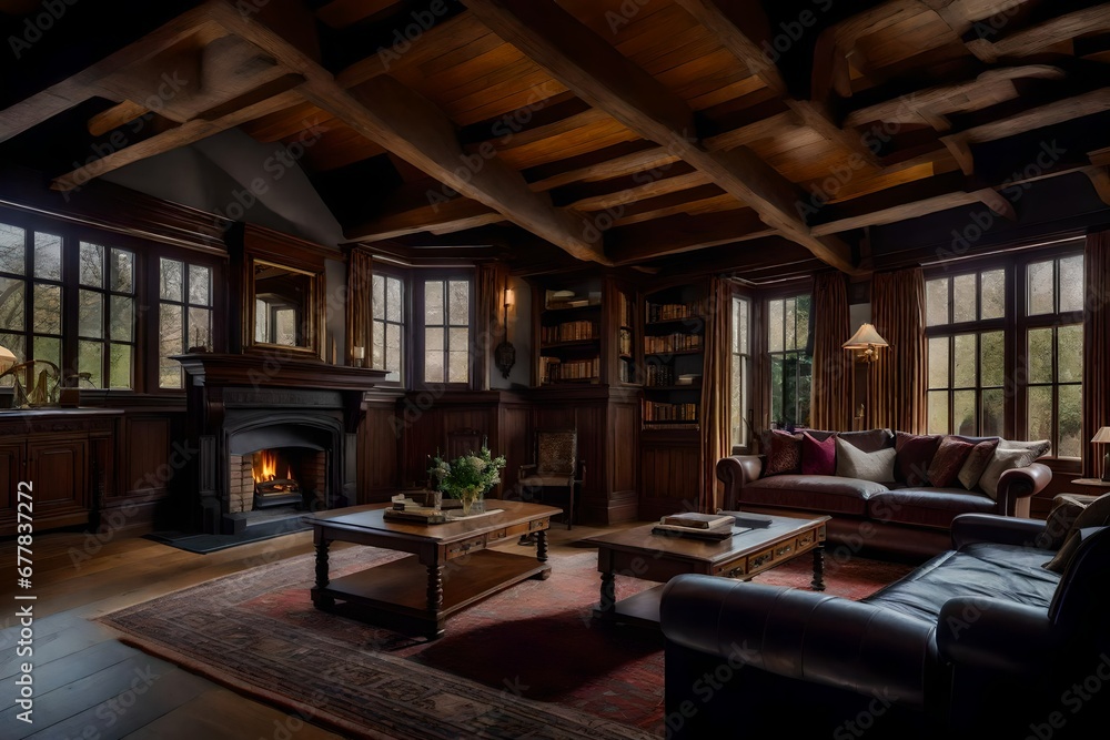 The comfort and sophistication of a Tudor style house's family room, with period-accurate furnishings and a view of the classic natural surroundings The comfort and sophistication of a Tudor style house's family room, with period-accurate furnishings and a view of the classic natural surroundings