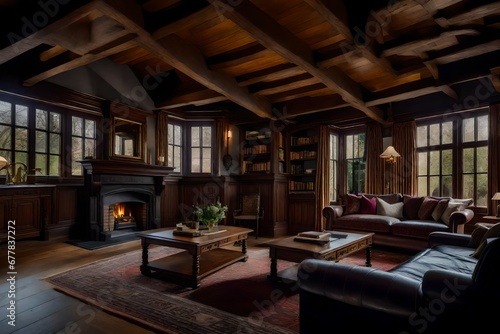 The comfort and sophistication of a Tudor style house's family room, with period-accurate furnishings and a view of the classic natural surroundings