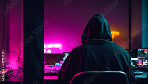 Hacker in a hoodie, computer photo